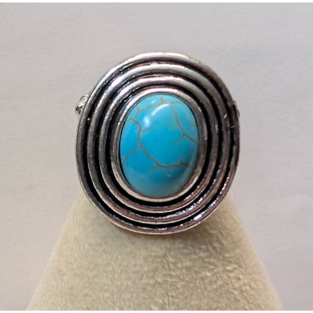 New Faux Turquoise Oval Cabochon Stretch Ring SilverTone Band Southwestern Boho